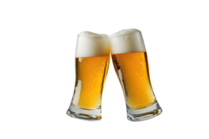 Two frothy glasses of beer clinking together in celebration, symbolizing friendship and good times with a crisp, refreshing drink. png