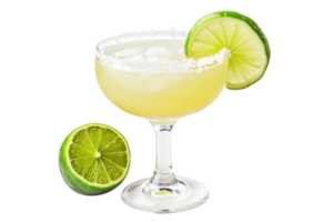 Refreshing margarita cocktail in a glass with a lime slice and salted rim, accompanied by fresh lime, isolated on a transparent background. png