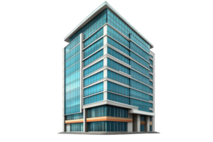 Modern glass office building with multiple stories, blue-tinted windows, and sleek architectural design on a transparent background. png