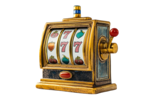 Retro slot machine with a winning combination of sevens and fruits, symbolizing luck and gambling in a classic casino setting. png