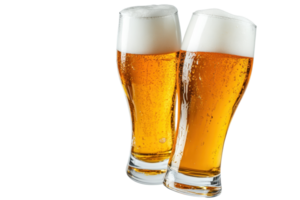 zwei eisig Brille von golden Bier mit Schaum Belag, perfekt zum Entspannung, Feier, oder beiläufig Essen. erfrischend und einladend Getränke. png