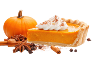 Slice of delicious pumpkin pie with whipped cream and spices, perfect for autumn and holiday desserts. png