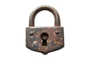 Vintage rusty padlock with keyhole, isolated on transparent background. Ideal for security, antique, or historical themed projects. png