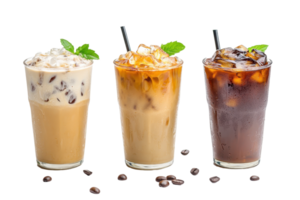 Three refreshing iced coffee beverages with varying cream levels, garnished with mint leaves, served with straws and ice cubes on a transparent background. png