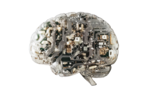 Transparent brain model showcasing neural circuits and technological connections, representing AI, neuroscience, and innovation. png