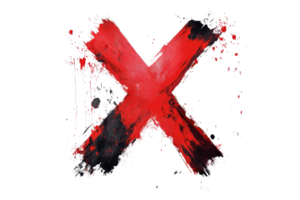 Abstract red and black 'X' brush stroke, symbolizing error or prohibition, isolated on transparent background. with artistic splatter details. png