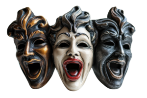 Three expressive theatrical masks showcasing different emotions in a dramatic artistic composition, perfect for theater or artistic projects. png