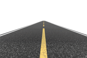 Straight asphalt road with yellow dividing line. Perspective view of empty highway against isolated transparent background. png