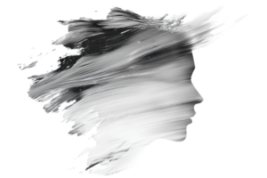 Abstract black and white digital artwork depicting a human face emerging from dynamic, flowing brushstrokes. png