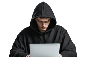Young person in a black hoodie intensely working on a laptop. Perfect for cybersecurity or hacker themes, and technology concepts. png