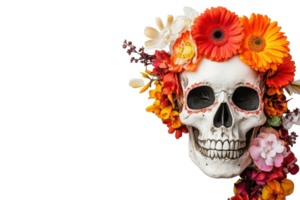 Artistic skull adorned with vibrant flowers, blending beauty and mortality. Unique representation of life and death, colorful and evocative. png