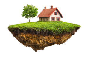 An isolated house with a red roof on a floating piece of land with a green tree, depicting a fantasy and surreal landscape. png