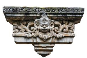 Ancient stone carving of a deity with intricate details, showcasing cultural and historical significance, perfect for architecture enthusiasts. png