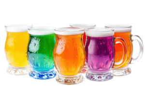 Assorted colorful drinks in glass mugs, isolated on transparent background. showcasing various vibrant beverages with foam tops. png