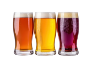 Three glasses of craft beer in varying colors, showcasing a range of brewing styles and ingredients on a transparent background. png