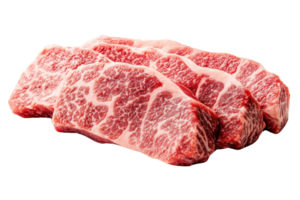 Three marbled beef steaks isolated on a transparent background. Perfect for culinary presentations, food blogs, and commercial use. png