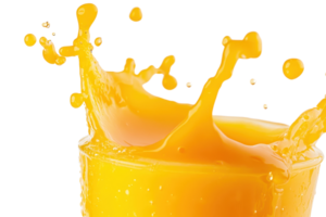 Close-up of a vibrant orange juice splash in a clear glass, capturing the freshness and energy of the drink in motion. png