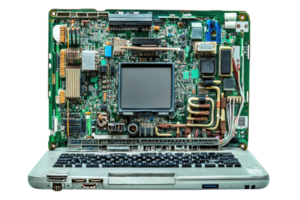 An open laptop revealing its intricate inner circuit board, showcasing the complexity of modern computer hardware components and design. png