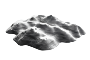 3D rendered topographic visual of mountain range, showcasing layered contours and elevation details in monochrome. png