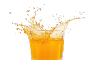 A vibrant glass of orange juice with dynamic splashes captured in motion, highlighting the refreshing and energetic feel of the beverage. png