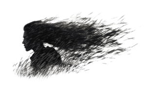 Abstract silhouette of a woman with long flowing hair created using thin black lines, showcasing dynamic movement and artistic expression. png
