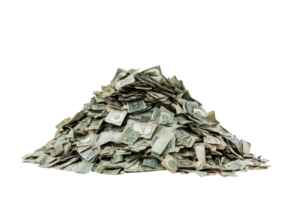 A large pile of scattered US dollar banknotes representing wealth, investment, and financial abundance, isolated on a transparent background. png