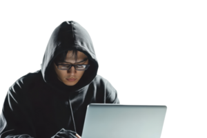 A person in a hoodie and glasses working on a laptop, symbolizing cybersecurity, technology, and hacking in a modern digital age. png