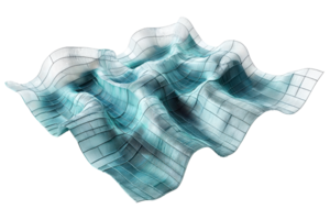 Abstract 3D rendering of a wavy, grid-like surface in blue and white tones, showcasing fluid motion and modern digital art aesthetics. png