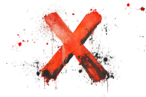 Bold red paintbrush X symbol with a grunge artistic style and splatters, conveying rejection, error, or cancellation in abstract art. png