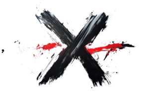 Abstract black and red brushstroke forming an X symbol on a transparent background. representing creativity or rejection. png