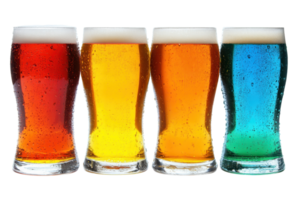 Colorful selection of four glasses of beer showcasing various beer types, perfect for promoting craft beer collection and brewery advertisements. png