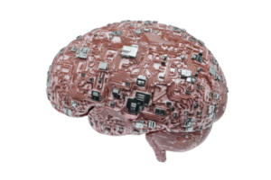 Digital brain with integrated circuits, representing AI, machine learning, and the fusion of technology with human intelligence. png