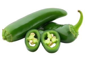 Fresh green jalapeno peppers, whole and sliced, isolated on transparent background. Perfect for cooking recipes and adding spice. png