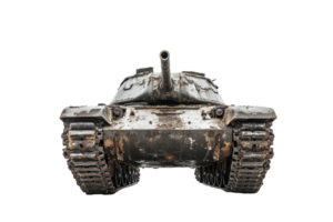 Front view of an armored military tank, isolated on a transparent background. showcasing its powerful build and rugged design. png