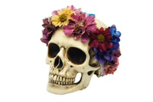 Artistic human skull adorned with colorful flowers, symbolizing the juxtaposition of life and death in an imaginative and beautiful manner. png
