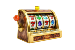 Golden slot machine with symbols and red lever, isolated on transparent background. representing gambling and casino entertainment. png