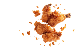 Crispy golden-brown fried chicken with scattered crunchy breadcrumbs on a transparent background. showcasing delicious fast food and perfect texture. png