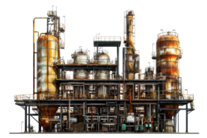 An industrial refinery with large tanks and complex piping systems, showcasing advanced industrial engineering and infrastructure. png