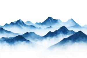 Serene mountain landscape with peaks emerging through mist, creating a tranquil and breathtaking natural scene in blue tones. png