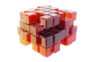 Transparent red and gray 3D cube made of smaller cubes, abstract geometric design perfect for backgrounds or tech themes. png