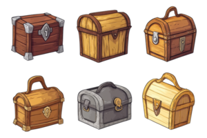 Set of six colorful cartoon treasure chests of varying designs and colors. Ideal for fantasy themes, gaming, and digital art projects. png