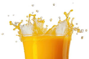 Refreshing splash of orange juice in a clear glass against a transparent background. capturing the vibrant and energetic burst of citrus. png