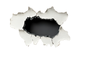 Large hole in the wall with torn edges and a dark center, perfect for background or text overlay in design projects. png