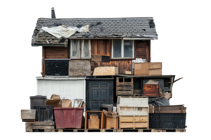 An old, abandoned wooden house filled with various items and clutter, showcasing a rustic and worn-down look. png
