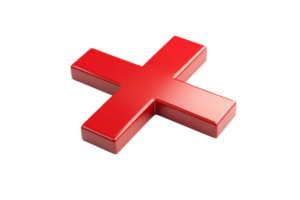 3D red cross symbol isolated on transparent background. representing error, incorrect, and cancellation. png