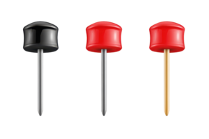 Three push pins, one black and two red, isolated on transparent background. for office and stationery uses. png