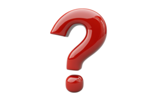 Red 3D question mark symbol isolated on transparent background. representing inquiry, doubt, or uncertainty in bright glossy finish. png