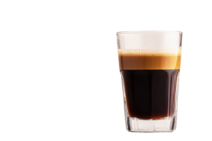 Close-up of a clear glass of freshly brewed espresso with rich crema on top, isolated on a transparent background. png