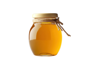 A jar of golden honey with a metal lid and twine decoration, isolated on a transparent background. perfect for culinary and natural ingredient uses. png