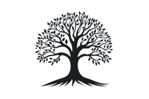 Black silhouette tree illustration isolated on a transparent background. featuring detailed branches and roots. Perfect for nature and design projects. png